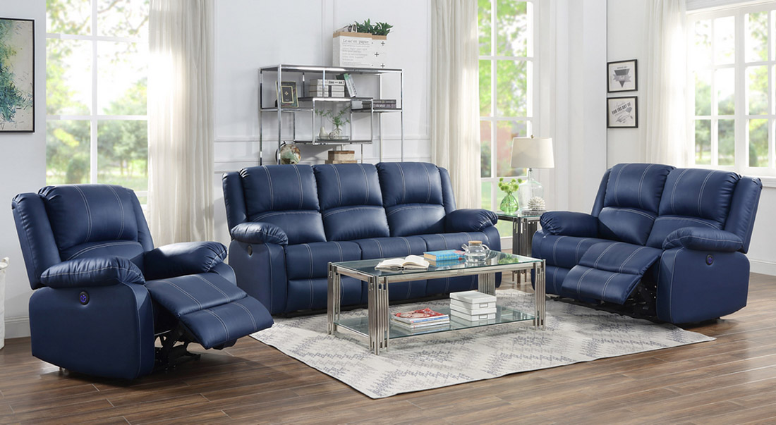 Alex Navy Blue Leather Recliner Sofa, Blue Leather Living Room Set