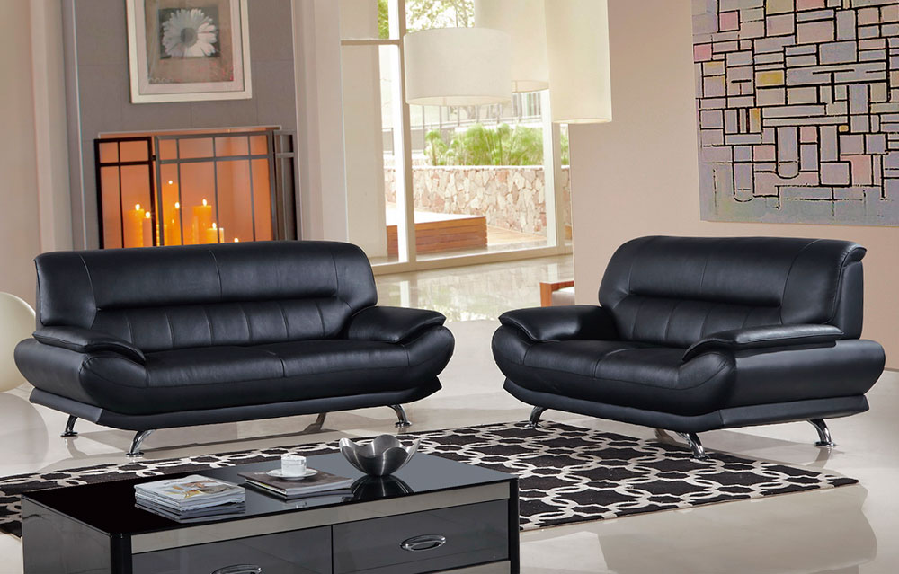 Bella Black Genuine Leather Modern Sofa, Modern Contemporary Black Leather Sofa
