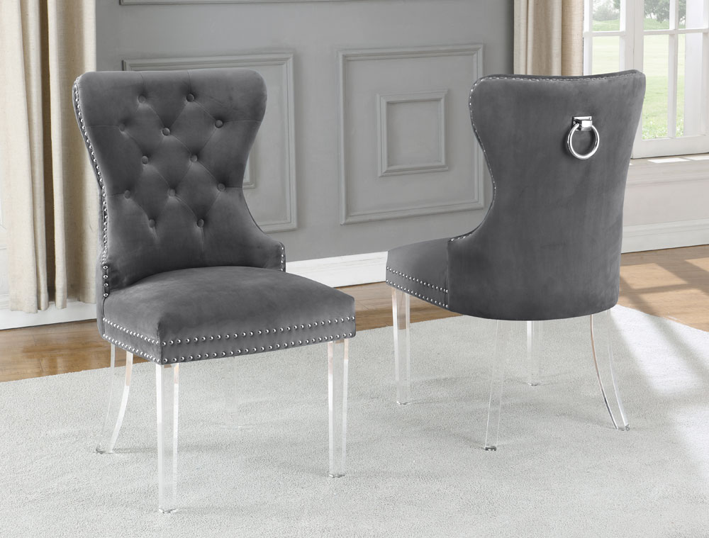 Charlotte Grey Velvet Chair Acrylic Legs, Grey Plush Dining Room Chairs