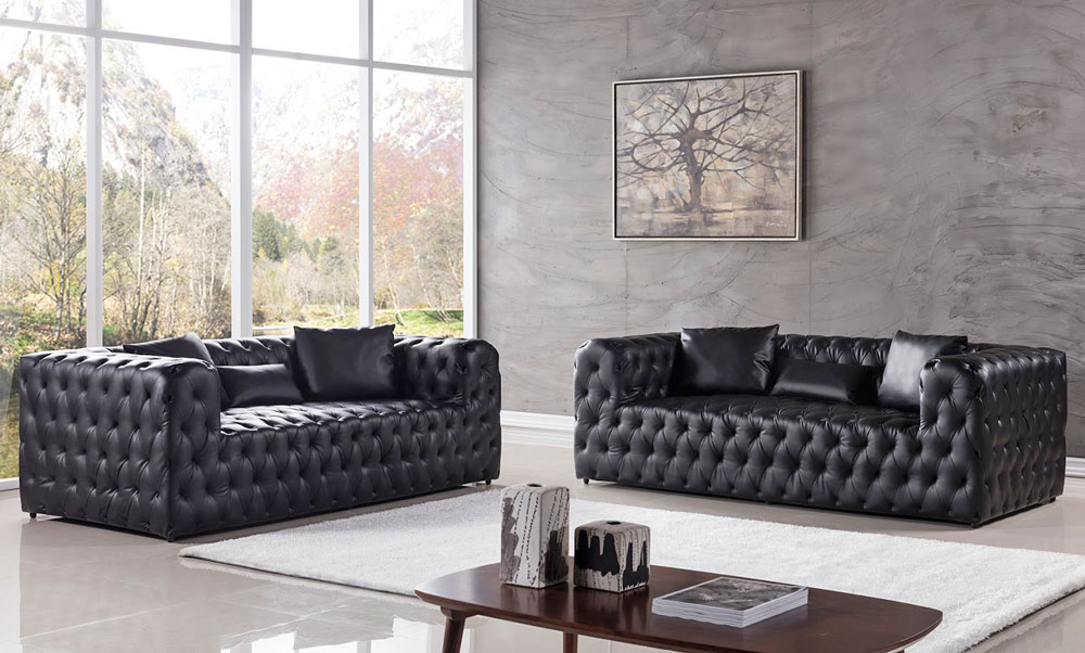 Cosima Modern Sofa Deep Tufted Leather, Tufted Black Leather Sofa