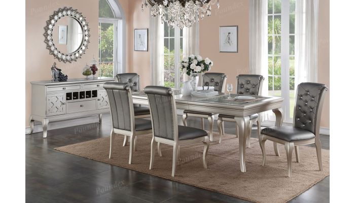 Barzini Silver Finish Dining Room Table Set, Silver Dining Room Set With Bench