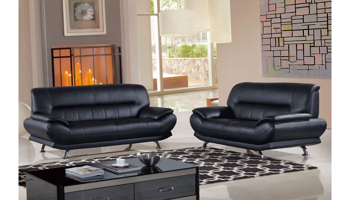 Bella Black Genuine Leather Modern Sofa, Modern Black Leather Sofa With Chrome Legs