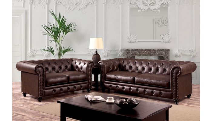 Bernadette Brown Leather Chesterfield Sofa, Brown Leather Sofa With Nailhead Trim