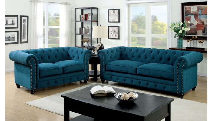 Bernadette Blue Fabric Tufted Sofa, Chesterfield Tufted Sofa Set
