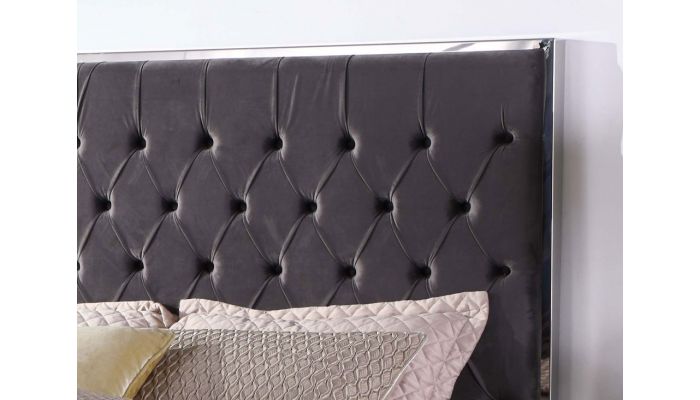 Prague Dark Grey Velvet Upholstered Bed, Dark Grey Tufted Headboard Bedroom