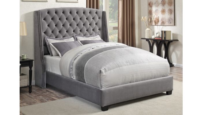 Candela Grey Velvet Bed Tall Headboard, Gray Bed Frame Full