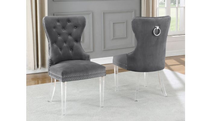 Charlotte Grey Velvet Chair Acrylic Legs, Acrylic Leg Dining Room Chairs