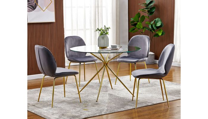 Cleland Round Glass Dining Table Set, Round Glass Dining Table With Grey Chairs