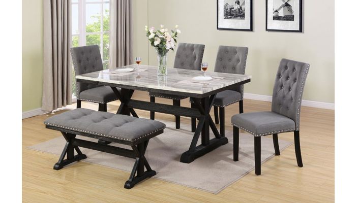 Coleville Faux Marble Top Dining Table Set, Dining Room Table With Bench And Fabric Chairs