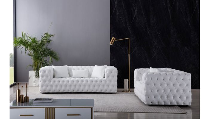 Cosima Deep Tufted White Leather Sofa, White Leather Tufted Sofa Set