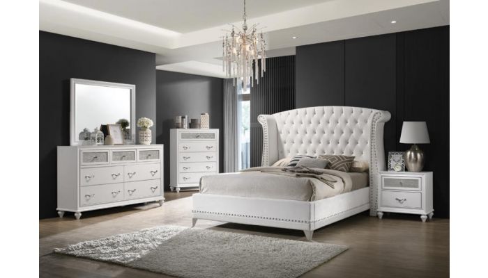 Farin White Velvet Bed Crystal Tufted, White Bedroom Set With Padded Headboard
