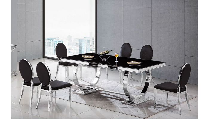 Favio Modern Dining Table Black Glass Top, Modern Dining Table Black Chairs