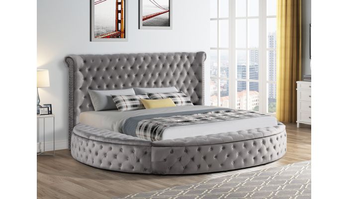 Gerbera Grey Tufted Velvet Round Bed, Round Bed Frame