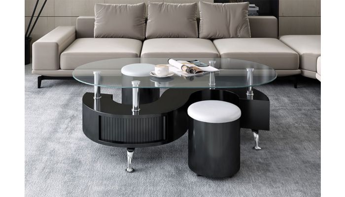 Hexter Black Coffee Table With Two Stools, Wedge Black Coffee Table