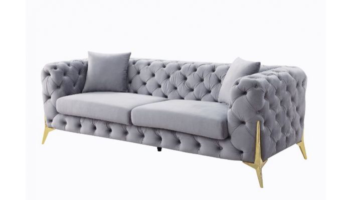Kalmia Grey Tufted Velvet Sofa Gold Legs, Tufted Grey Sofa