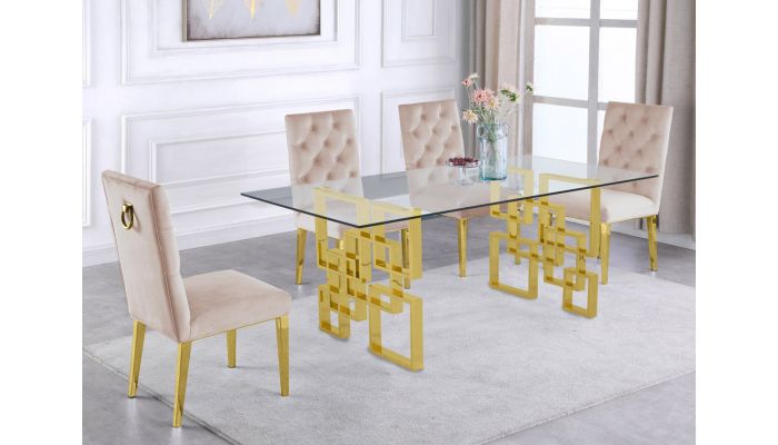 Kenza Glass Top Dining Table Gold Base, Glass Top Dining Table And Chairs