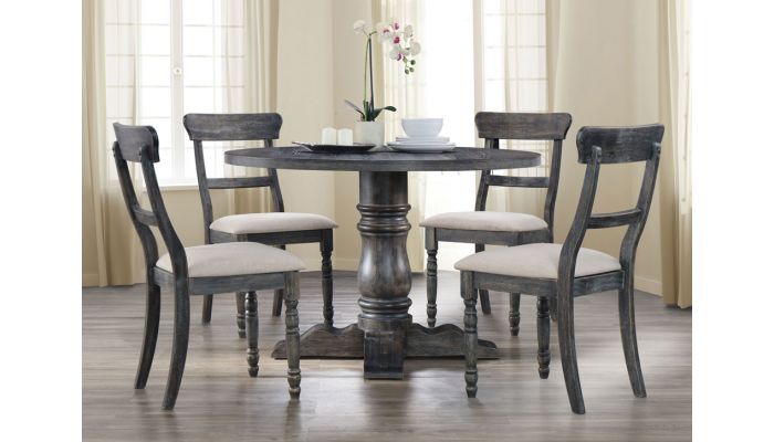 Letis Weathered Grey Round Dining Table, Weathered Wood Dining Table Set