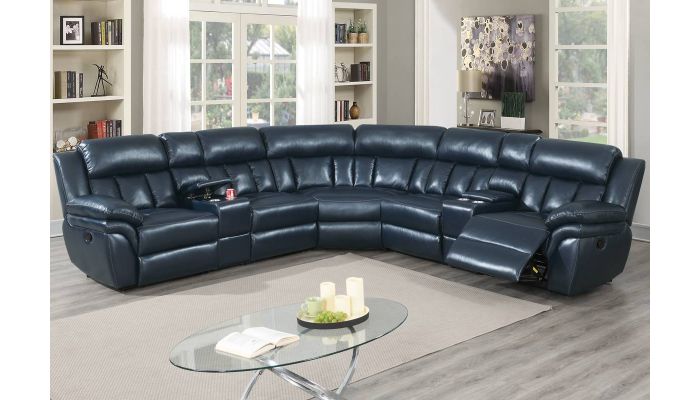 Osmond Navy Blue Leather Recliner Sectional, Traditional Sectional Sofas With Recliners