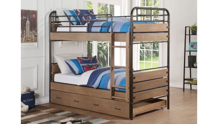 Owen Industrial Style Bunkbed With Trundle, Industrial Bunk Beds