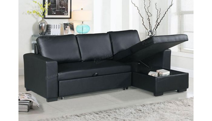 Palmer Black Sectional Sleeper With Storage, Leather Sectional With Sleeper