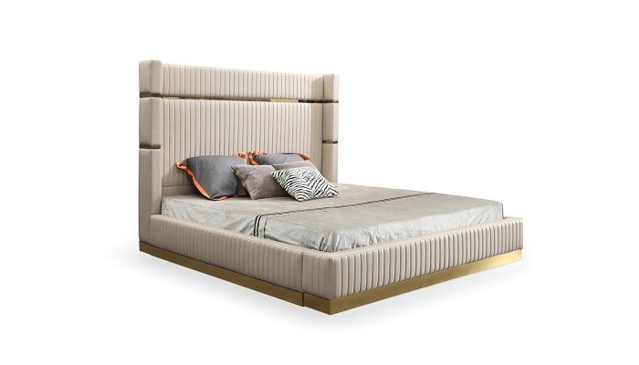 Rebeca Beige Leather Bed With Gold Accents, Beige Leather Bed