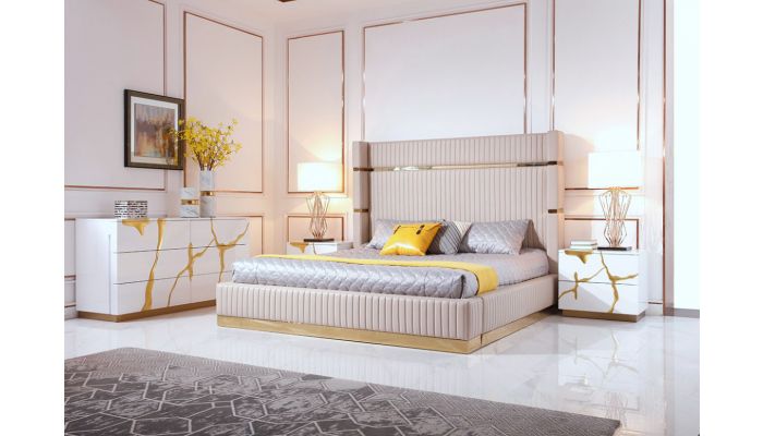 Rebeca Beige Leather Bed With Gold Accents, Beige Leather Bed Frame