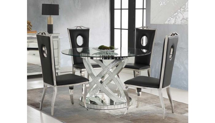 Seibel Mirrored Round Dining Table, Round Mirrored Glass Top Dining Table With 4 Chairs In Grey Velvet