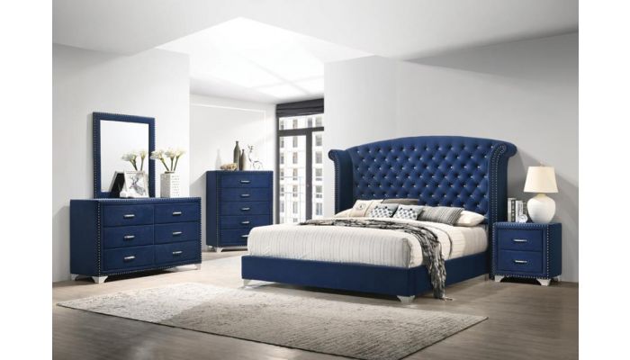 Sierra Navy Velvet Upholstered Bed, Navy Blue Dresser Set