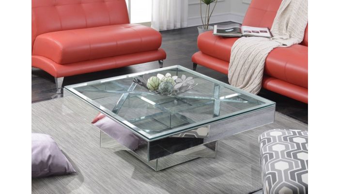 Silvera Modern Mirrored Coffee Table, Contemporary Silver Mirrored Coffee Table