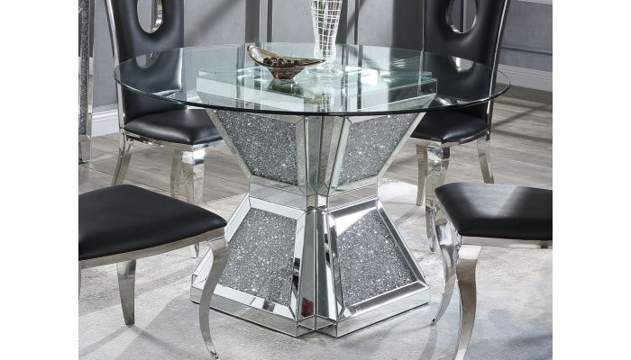 Silvertone Round Mirrored Dining Table, Round Mirrored Dining Table Set