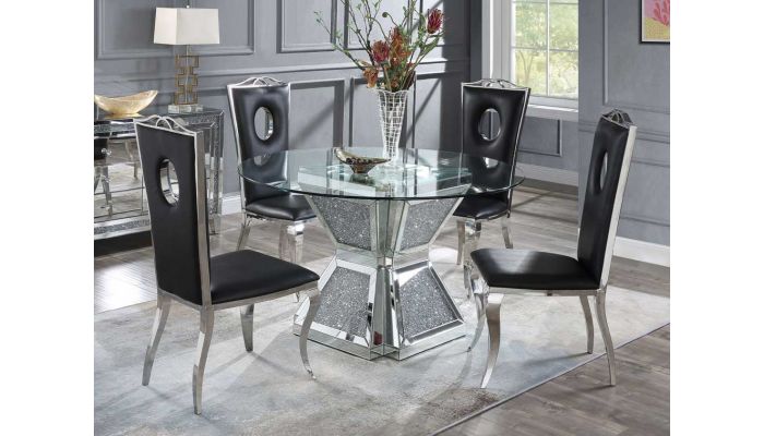 Silvertone Round Mirrored Dining Table, Round Mirrored Dining Table And Chairs Set