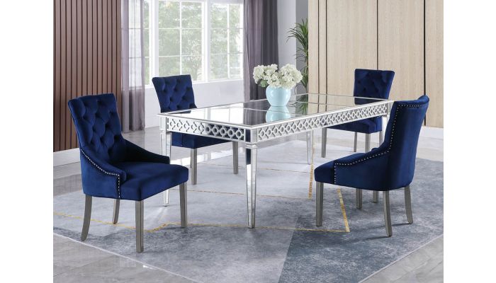 Reporter Mirrored Dining Table, Jade Boutique Dining Chairs