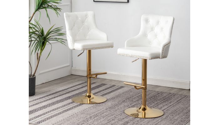 Stavros White Leather Gold Bar Stools, Bar Stools With Nailhead Leather