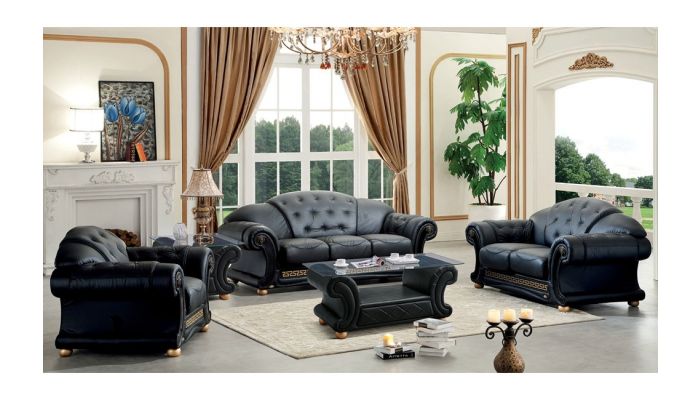 Noci Black Leather Classic Sofa, Black Leather Tufted Sofa Set