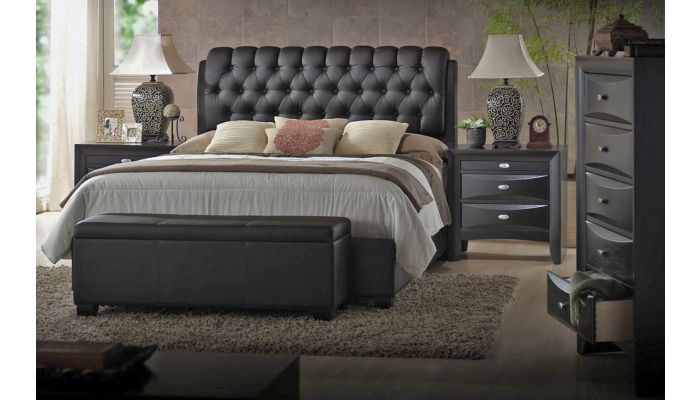 Viola Black Leather On Tufted Bed, Black Leather Tufted Queen Headboard