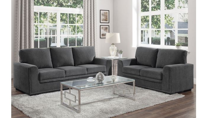 Willex Charcoal Chenille Sofa Set With Nailhead