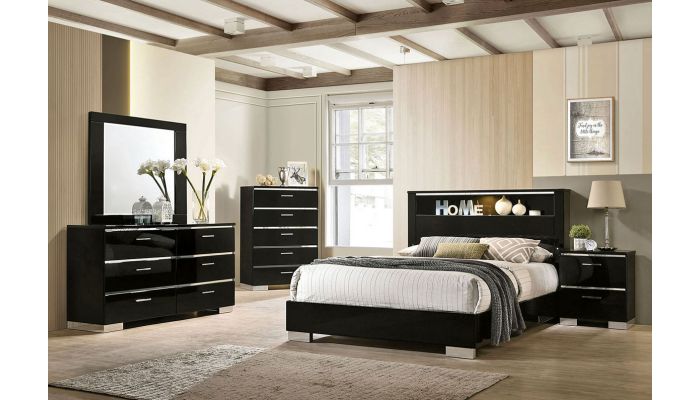 Zsolt Black Lacquer Bed With Light, Black Lacquer Headboard Queen Size