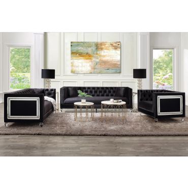 Arctic Black Velvet Sofa Mirrored Accents