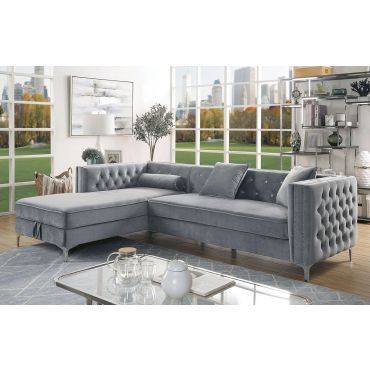 Caswell Grey Velvet Sectional Crystal Tufted