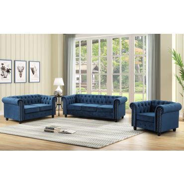 Evart Blue Velvet Chesterfield Sofa Set