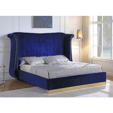 Evie Navy Blue Velvet Bed Gold Trim