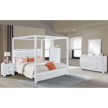 Evon White Canopy Bed With LED Light