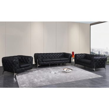 Hendrix Black Italian Leather Chesterfield Sofa Set