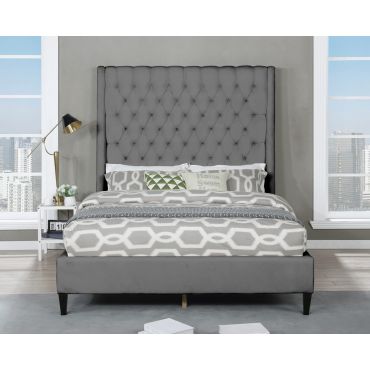 Jayden Tufted Grey Velvet Bed Tall Headboard