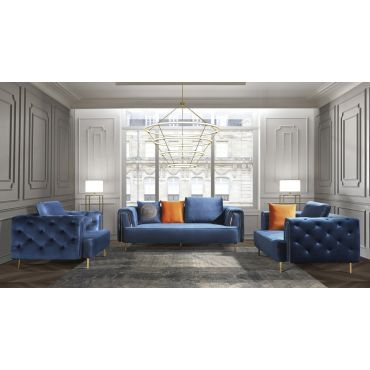 Jean Blue Velvet Sofa Set With Gold Trim