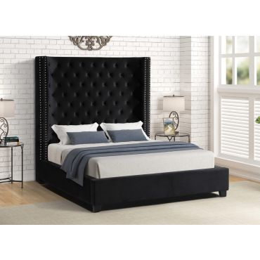 Jerell Tall Headboard Bed Black Velvet 