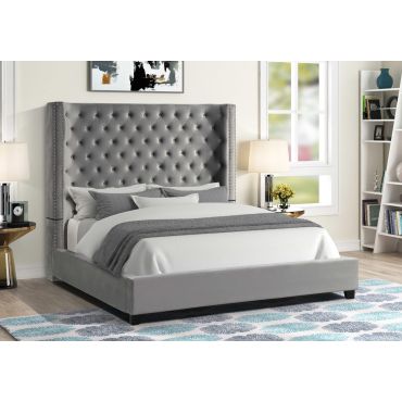 Jerell Tufted Grey Velvet Bed With Tall Headboard