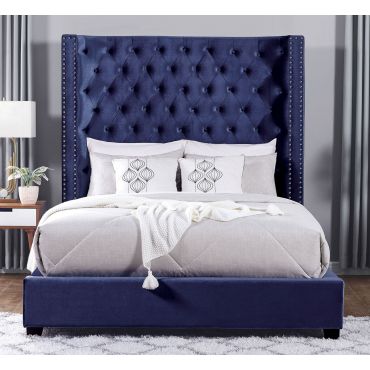 Kasidon Tufted Blue Velvet Bed Tall Headboard