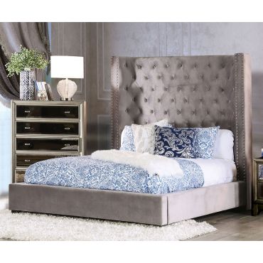 Kasidon Grey Velvet Tall Headboard Bed