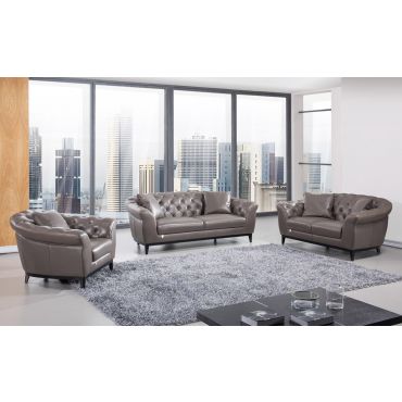 Kira Grey Tufted Leather Sofa Set